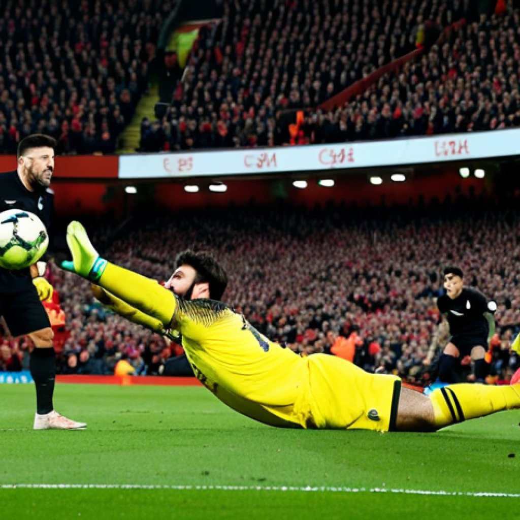 **

A professional football (soccer) goalkeeper, Alisson Becker, in Liverpool's goalkeeper kit, fully clothed in appropriate attire, making a diving save during a Champions League match at Anfield Stadium.  The crowd is cheering in the background.  Perfect anatomy, correct proportions, well-formed hands, proper finger count, natural pose. Safe for work, appropriate content, professional, family-friendly, high quality.

**