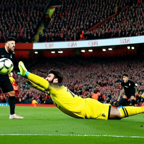 Home 14 **
A professional football (soccer) goalkeeper, Alisson Becker, in Liverpool's goalkeeper kit, fully clothed in appropriate attire, making a diving save during a Champions League match at Anfield Stadium. The crowd is cheering in the background. Perfect anatomy, correct proportions, well-formed hands, proper finger count, natural pose. Safe for work, appropriate content, professional, family-friendly, high quality.
**