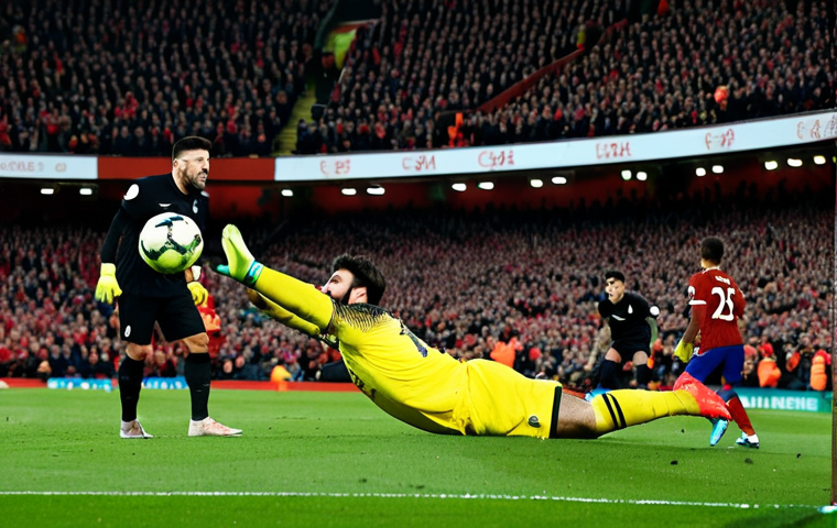 **
A professional football (soccer) goalkeeper, Alisson Becker, in Liverpool's goalkeeper kit, fully clothed in appropriate attire, making a diving save during a Champions League match at Anfield Stadium. The crowd is cheering in the background. Perfect anatomy, correct proportions, well-formed hands, proper finger count, natural pose. Safe for work, appropriate content, professional, family-friendly, high quality.
**